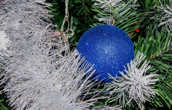 Hermosa Bola Azul Navidad Árbol Primer Plano —  Fotos de Stock