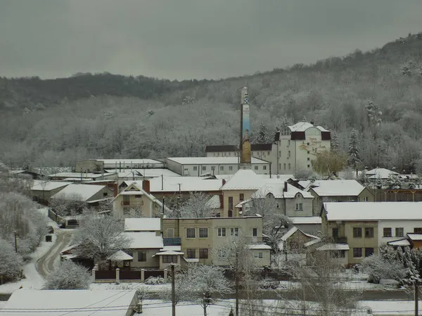 Pohled Okna Města Sníh Zima Krajina Pohled Provinční Město — Stock fotografie