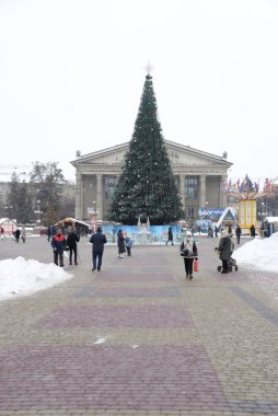 Eski kasaba meydanındaki Noel ağacı. Noel ağacı, eski meydan, şehir, yapay, dallar, çelenkler, genel manzara, yeşil, mücevherler, iğneler, yeni yıl, oyuncaklar, ağaç, gövde.