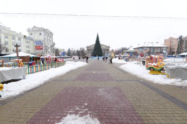 Eski kasaba meydanındaki Noel ağacı. Noel ağacı, eski meydan, şehir, yapay, dallar, çelenkler, genel manzara, yeşil, mücevherler, iğneler, yeni yıl, oyuncaklar, ağaç, gövde.