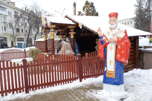 Aziz Niklas Heykeli Meydandaki Noel Doğum Sahnesi Stok Resim