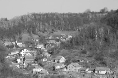 Kozalaklı ormanlarda kış günü. Ukrayna köyündeki ahşap ev.