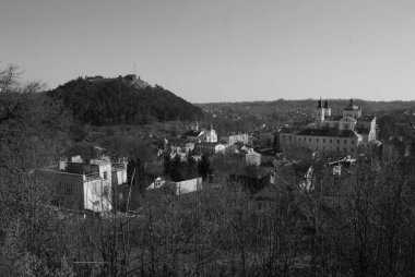 Eski kasabada Noel ağacı. Noel ağacı, eski kasaba. St. Nicholas Katedrali. Fransisken Manastırı. Castle Hill 'in genel manzarası.
