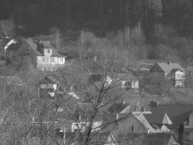 Kozalaklı ormanlarda kış günü. Ukrayna köyündeki ahşap ev.