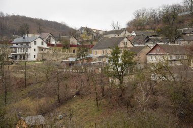Kozalaklı ormanlarda kış günü. Ukrayna köyündeki ahşap ev.