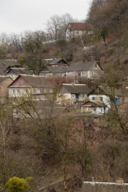 Kozalaklı ormanlarda kış günü. Ukrayna köyündeki ahşap ev.