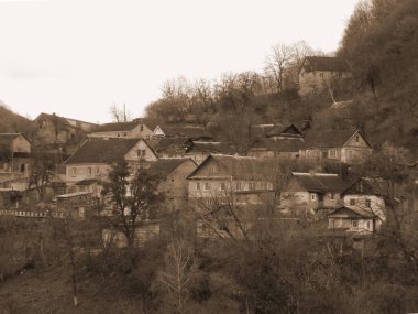Castle Hill 'in genel manzarası. Ukrayna köyündeki ahşap ev.