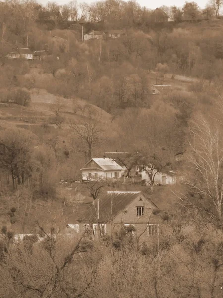 Vista Generale Della Collina Del Castello Casa Legno Nel Villaggio — Foto Stock