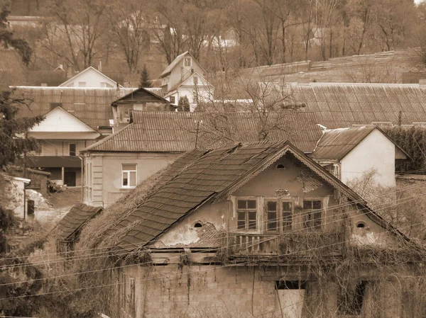 Celkový Pohled Castle Hill Dřevěný Dům Ukrajinské Vesnici — Stock fotografie