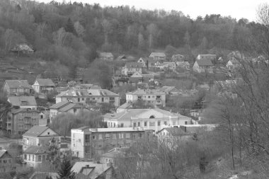 Kozalaklı ormanlarda kış günü. Ukrayna köyündeki ahşap ev.