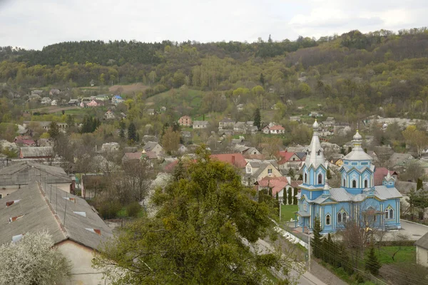 Celkový Pohled Hrad Hill Dřevěný Dům Ukrajinské Vesnici Starý Dřevěný — Stock fotografie