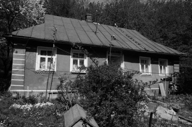 Ukrayna köyündeki ahşap ev. Eski apartman binası.