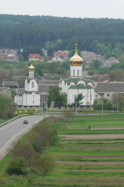 Vista Geral Castelo Hill Wooden Casa Aldeia Ucraniana Igreja Madeira — Fotografia de Stock