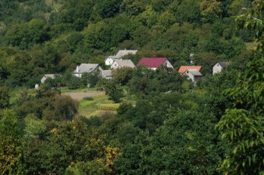 Wooden house in the Ukrainian village.On the outskirts of the village.Surroundings, outside the city