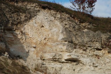 Eski, terk edilmiş bir tebeşir ocağı. Eski karışık sonbahar ormanı.