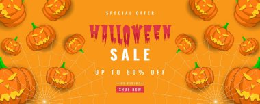 Balkabağı ve örümcek ağı elementleriyle Cadılar Bayramı portakalı indirimi. Pankart, poster, broşür, reklam vesaire için uygun.