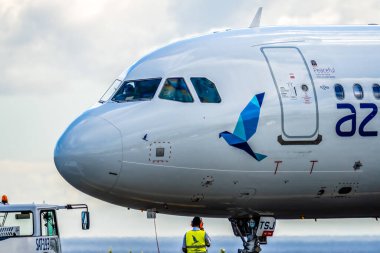 Ponta Delgada, Portugal - July 9, 2022: Azores Airlines Airbus A321-253NX - Peaceful on the runway of the airport. Airbus A321 with the Peaceful theme logo arriving to Ponta Delgada, Azores