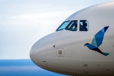 Ponta Delgada, Portugal - July 9, 2022: Azores Airlines Airbus A321-253NX - Peaceful on the runway of the airport. Airbus A321 with the Peaceful theme logo arriving to Ponta Delgada, Azores