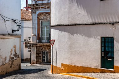 Scenic view of the old town of Elvas in Alentejo, Portugal. Narrow streets of whitewashed white houses