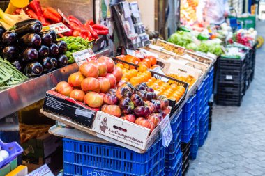 Madrid, Spain - October 10, 2020: Vegetable farmer market store with colorful various fresh organic healthy vegetables at grocery store. Healthy natural food concept