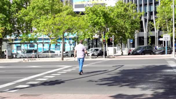マドリード スペイン 2021年9月12日 マドリードの主要道路であるラ カステラーナ通りで大型車両の交通量の多い通りを横断する男 — ストック動画