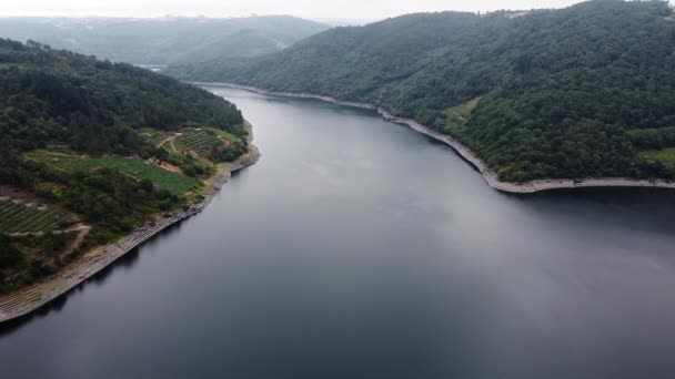 Letecký Pohled Vysokohorské Vinice Oblasti Ribeira Sacra Galicii Sil River — Stock video