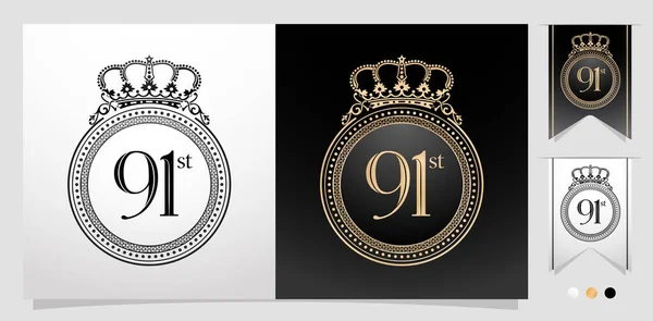 幸せな記念日91フレームと王冠との国境 レタープレス刺繍招待結婚記念日サインラベルのための金の隔離された背景を持つ番号要素 — ストックベクタ
