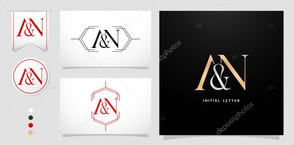 AN or NA initial letter and graphic name, AN Monogram, for Wedding couple monogram, logo company and business cards, with black white color, gold and silver , gradient purple color isolated background