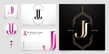 JJ 'in ilk harf ve grafik adı, JJ logosu Düğün Çifti monogramı, logo şirketi ve iş kartı, siyah beyaz, altın ve gradyan mor renkli izole edilmiş arkaplan