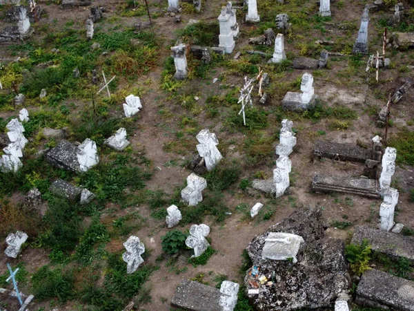 Gamla Gravstenar Och Kors Onamngiven Begravningsplats Okända Gravar Drönarvy — Stockfoto