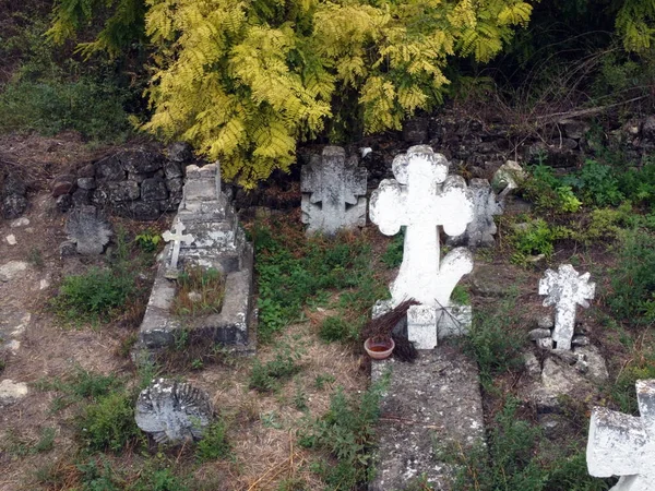 Velhas Lápides Cruzes Cemitério Sem Nome Sepulturas Desconhecidas Vista Para — Fotografia de Stock