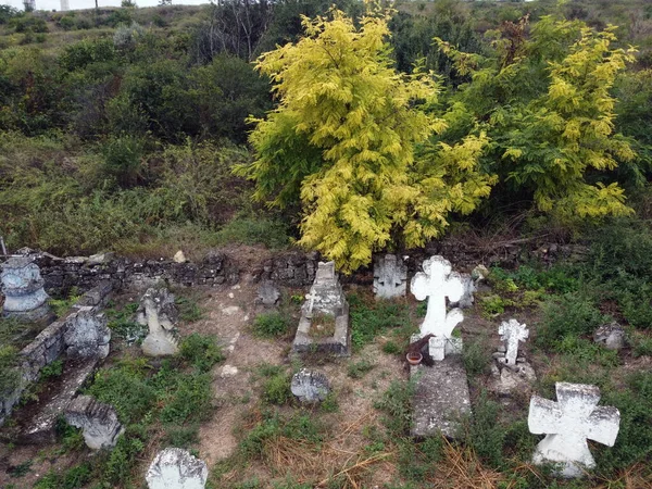 Старі Надгробки Хрести Невідоме Місце Поховання Невідомі Могили Перегляд Безпілотника — стокове фото