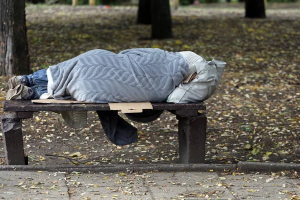 Homeless Sleeping Bench Park Stock Picture