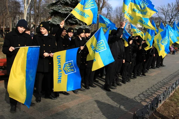 Odessa Ukraina Februari 162022 Unity Day Ukraina Kadetter Med Flaggor — Stockfoto