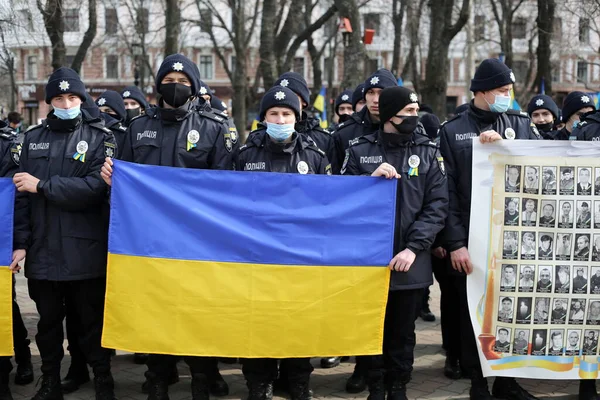 Odessa Ukraine Februar 22Kadetten Der Polizeiakademie Halten Die Fahne Der — Stockfoto