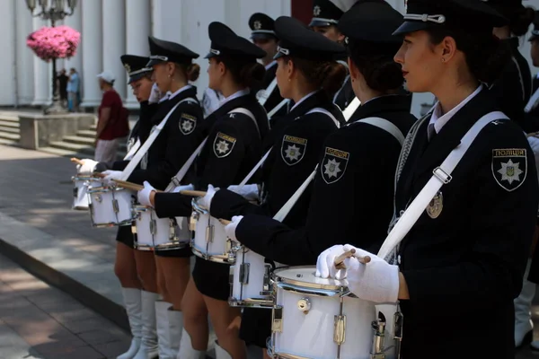 Odessa Ukraine June 2021 Police Orchestra Acts Girls Police Words — Stok Foto