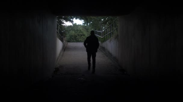 Silhouette Del Maschio Adulto Che Entra Nel Sottopassaggio Del Tunnel — Video Stock