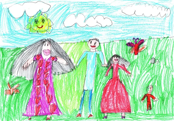 Child Drawing Happy Family Walk Outdoors Pencil Art Childish Style — Stock Photo, Image