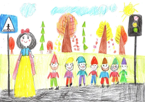 Child Drawing Happy Snow White Seven Dwarfs Walk Pencil Art — Stock Photo, Image
