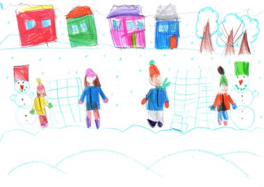 Children play with snow outside christmas tree. Vacation, holiday, New year, Christmas.Pencil art in childish style.Child's drawing 