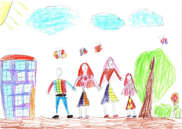 Kind Tekening Van Een Gelukkig Gezin Een Wandeling Buiten Potloodkunst — Stockfoto