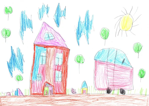Kindertekening Van Gebouwen Auto Stadsweg Kinderachtige Stijl Potloodkunst — Stockfoto