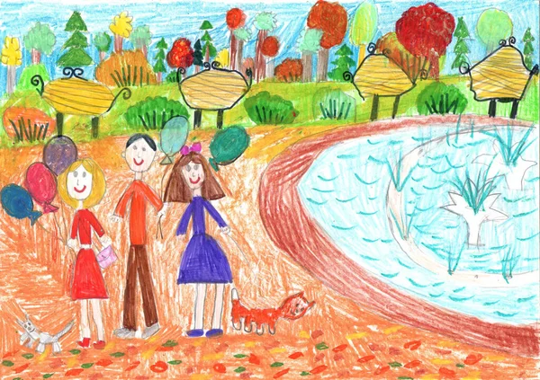 Child Drawing Happy Family Walk Outdoors Pencil Art Childish Style — Stock Photo, Image