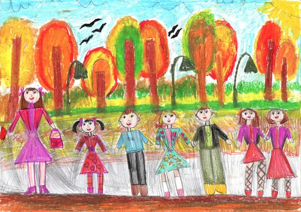 Child Drawing Happy Family Walk Outdoors Pencil Art Childish Style — Stock Photo, Image