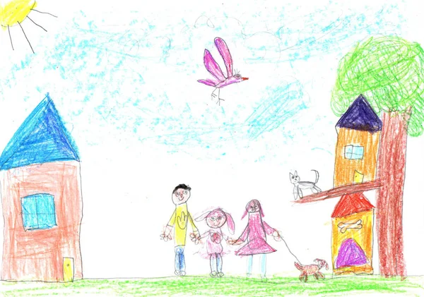 Kinderzeichnung Einer Glücklichen Familie Bei Einem Spaziergang Freien Bleistiftkunst Kindischen — Stockfoto