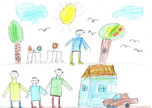 Kinderzeichnung Einer Glücklichen Familie Für Einen Spaziergang Freien Und Ein — Stockfoto