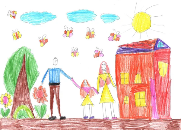 孩子们在户外散步 画一个快乐的家庭 幼稚风格的铅笔艺术 — 图库照片