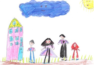 Dışarıda yürürken mutlu bir ailenin çocuk çizimi. Çocukça bir kalem sanatı