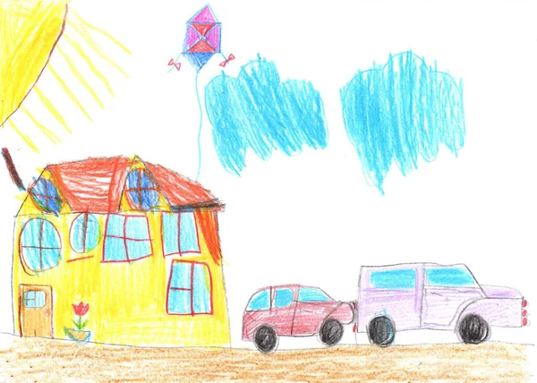 Child Drawing Buildings Cars City Road Childish Style Pencil Art — Stockfoto