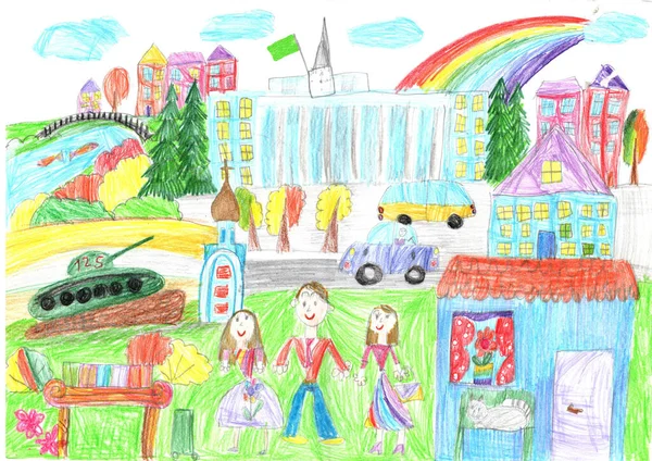 Kinderzeichnung Einer Glücklichen Familie Bei Einem Spaziergang Freien Bleistiftkunst Kindischen — Stockfoto
